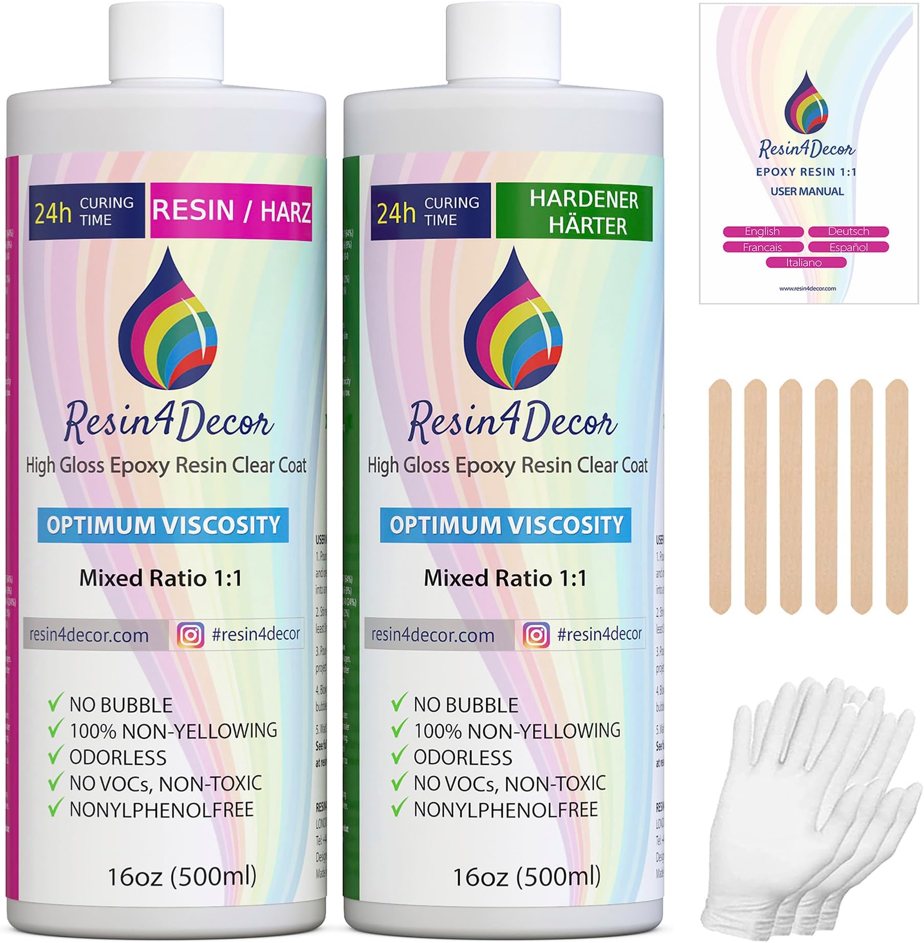 Epoxy Resin RESIN4DECOR 1:1 Casting Crystal Clear Adhesive for Arts Crafts Jewelry Making Molds and DIY Projects Non-Yellowing Non-Toxic High-Gloss Finish 12-24 Hour Cure Time Odorless - 1000ml