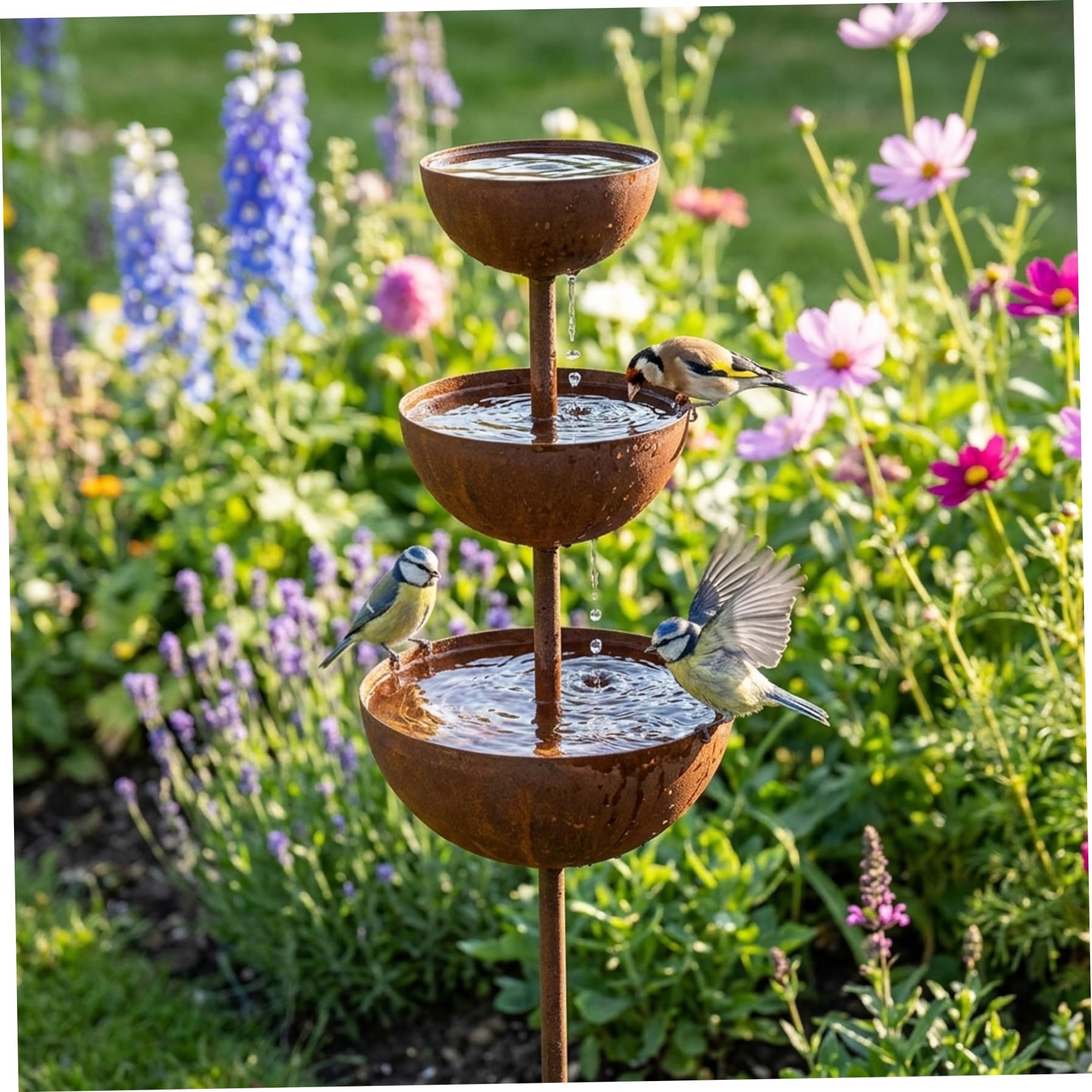 Ciotola per l'acqua per uccelli, paletto da giardino alto 26, 8 pollici con finitura in rame a 3 livelli, vasca per uccellini in metallo rustico per decorazioni da giardino e acchiappapioggia, ciotola
