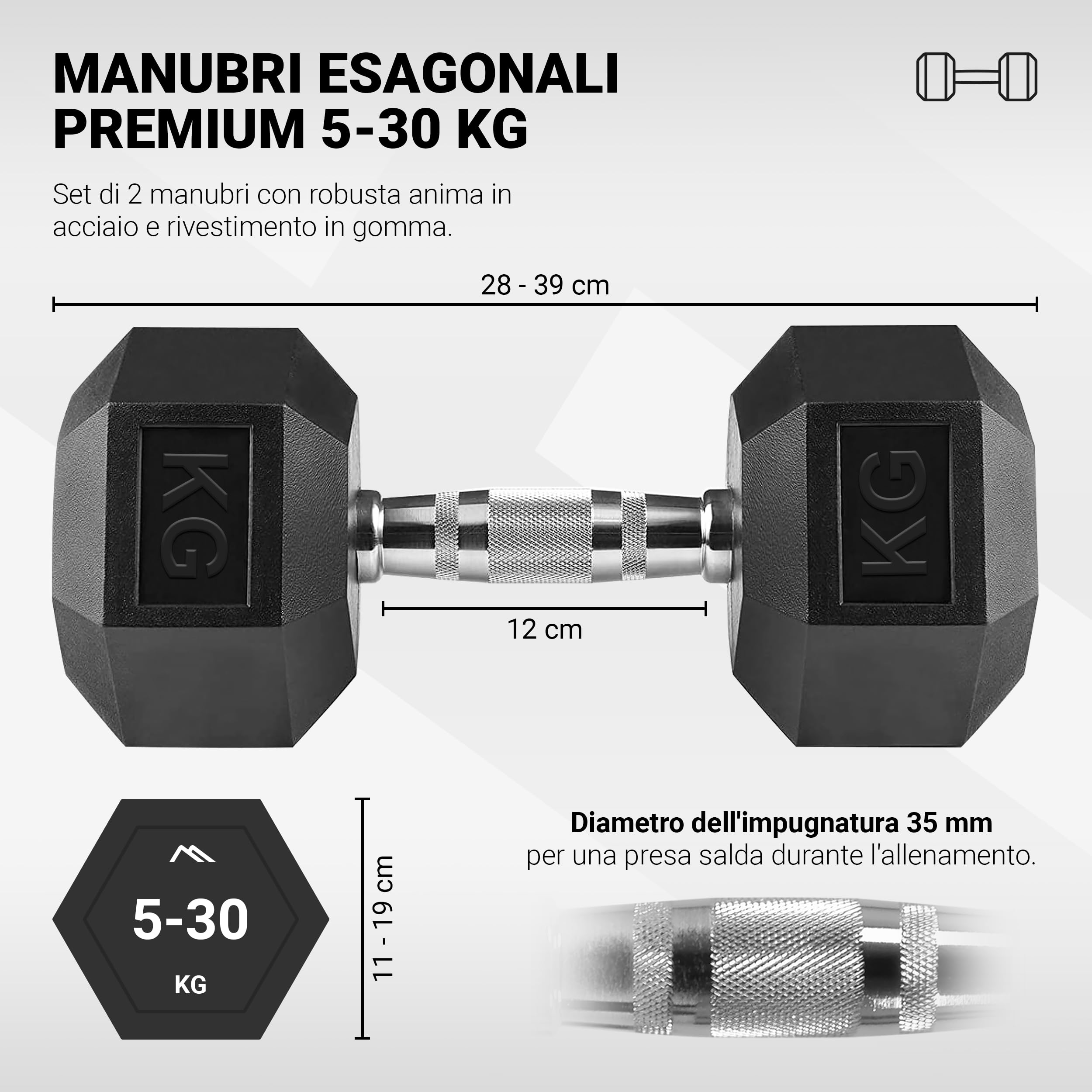MSPORTS Manubri Pesi Esagonali gommati 5-30 kg | Bilanciere Cromato ergonomico |