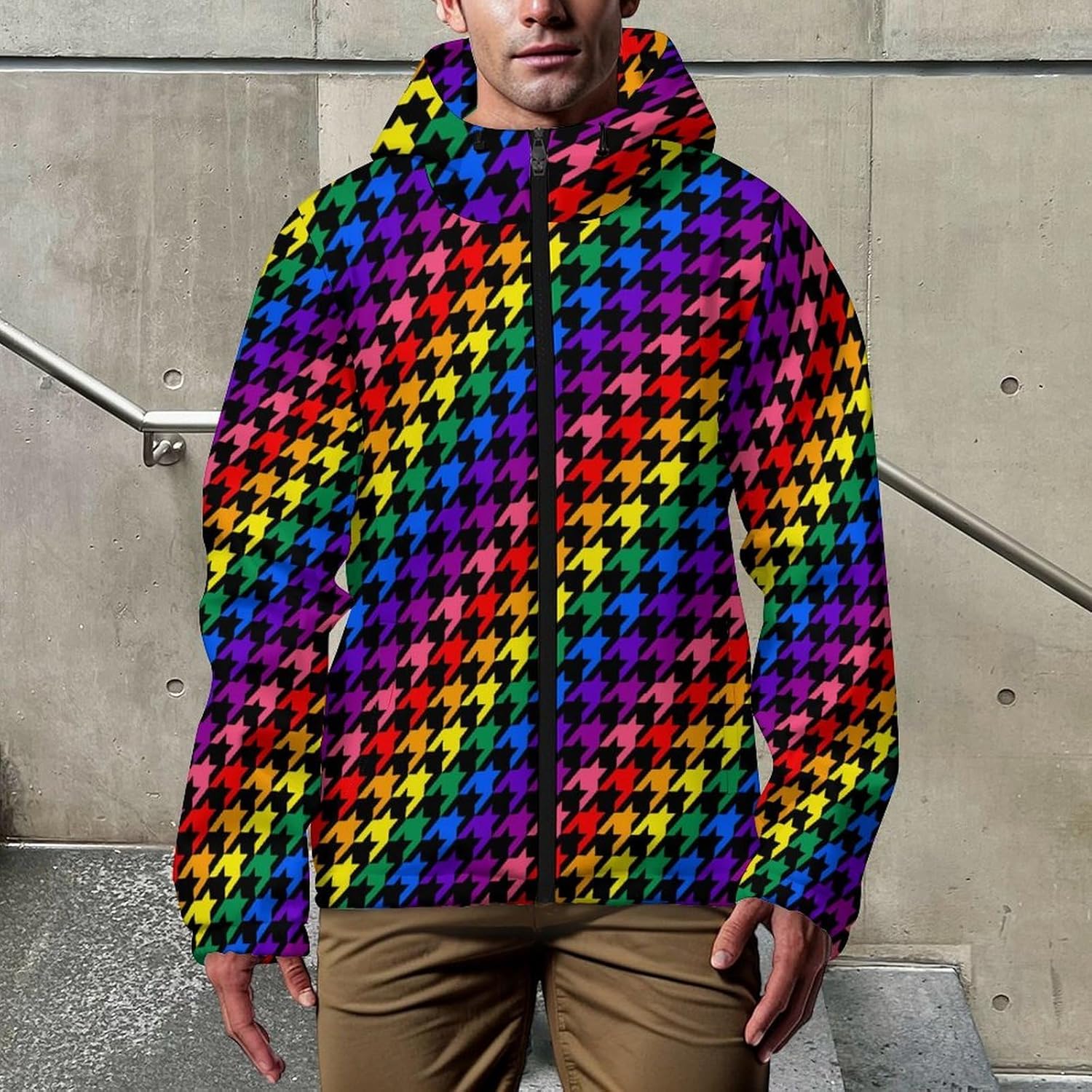 Houndstooth Colorful Men's Windbreaker Jacket Lightweight Hooded Windbreaker Coat with Pockets