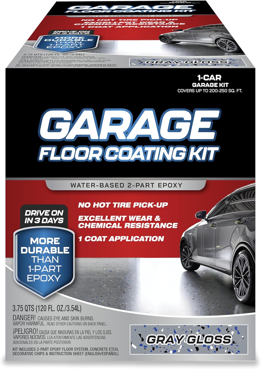 Garage Floor Kit – 2-Part Epoxy Coating for Concrete Floors, High-Gloss Finish, Chemical & Stain Resistant, Indoor Use, 1-Car Garage Coverage (Gray)