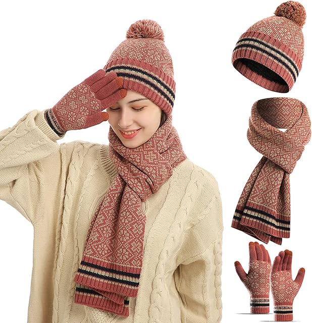 Micacorn Hat Scarf Gloves Set For Women, Winter Thermal 3 In 1 Set, Snowflake Pattern Warm Thickened Lining Knitted Pile Hat Touchscreen Gloves Long Scarf for Winter Outdoor Ladies Men