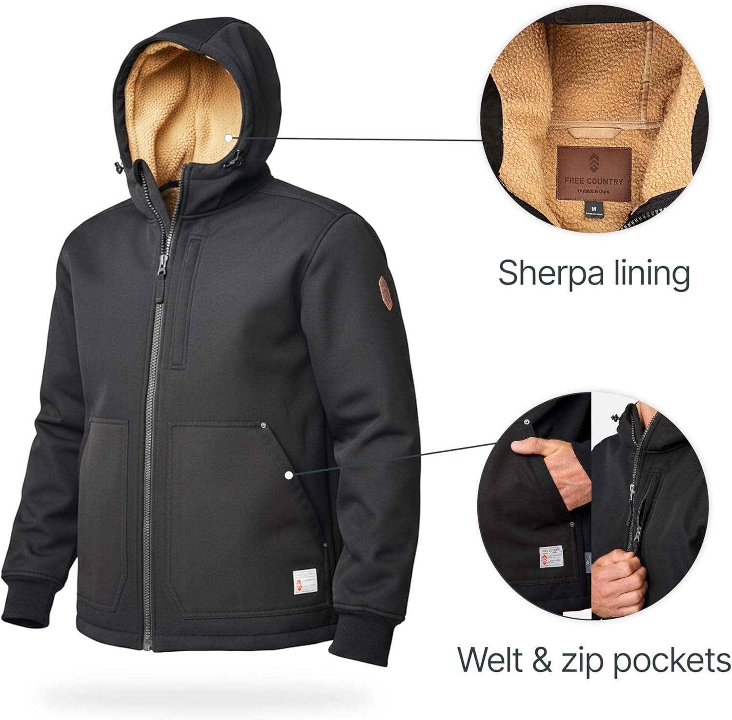 Free Country Men's Softshell Winter Coat Jacket Water & Wind Resistant Sherpa Insulated and Warm Fleece Lined-River Burly-Black-Size M