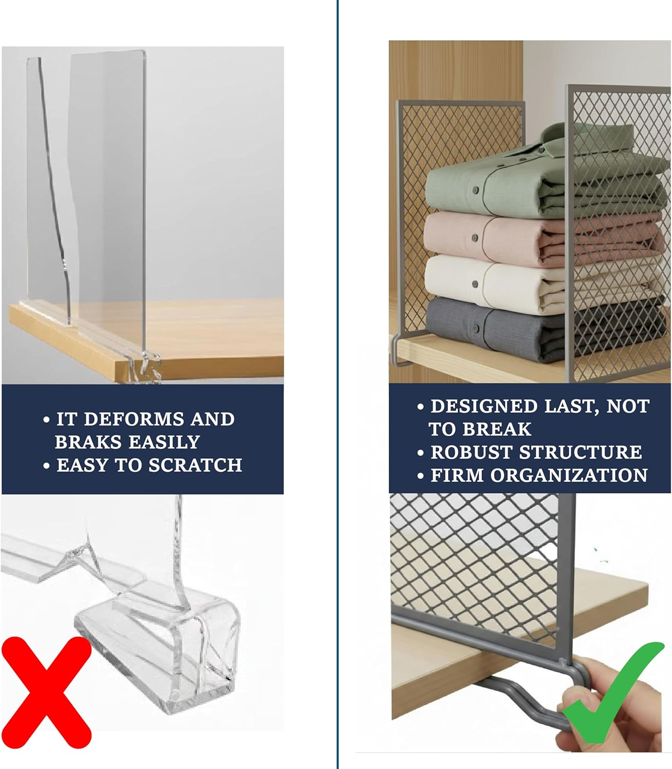 Nexu 6-Pack Metal Mesh Shelf Dividers for Closet Organization, Ultra-Stable Under-Shelf Hook Design, Matte Non-Slip Heavy Duty Purse & Handbag Organizer for Shelving, Kitchen, Office. (Grey)