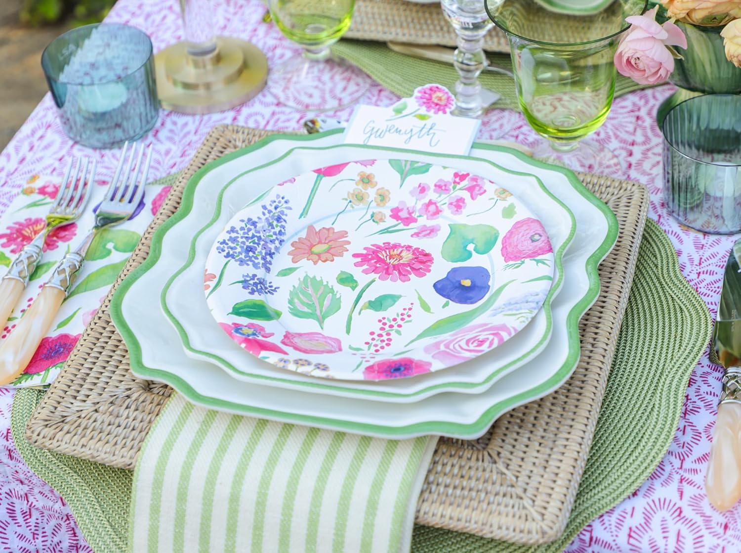Caspari Rattan Dinner Plate Charger, Square, White