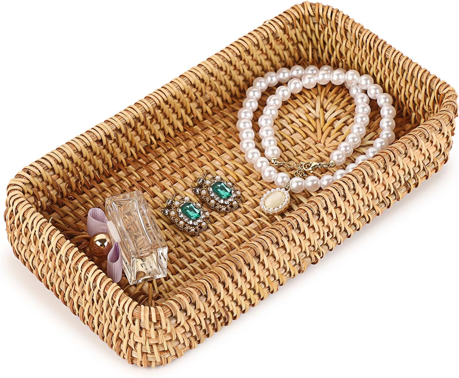 Hipiwe Key Basket for Entryway Table Small Natural Rattan Serving Tray