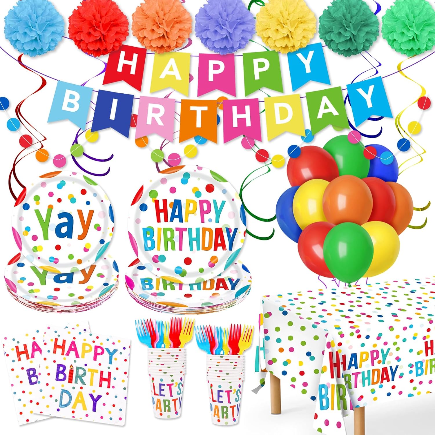 Happy Birthday Decorations – 156pc Rainbow Party Set with Plates, Napkins, Banner, Cups, Balloons (Serves 24)