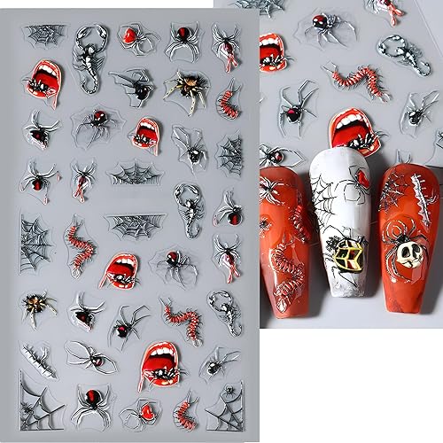 Miniatura 2 de 4 hojas de calcomanías de uñas de Halloween, cuenta con un diseño 5D, contiene elementos de Halloween como ojos, ciempiés, arañas y cabezas de