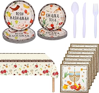 146 Pcs Rosh Hashanah Decorations Rosh Hashana Table Decor for Kitchen Disposable Tableware Set with Paper Plates Napkin Plastic Cutlery Tablecloth Serves 24 Guests