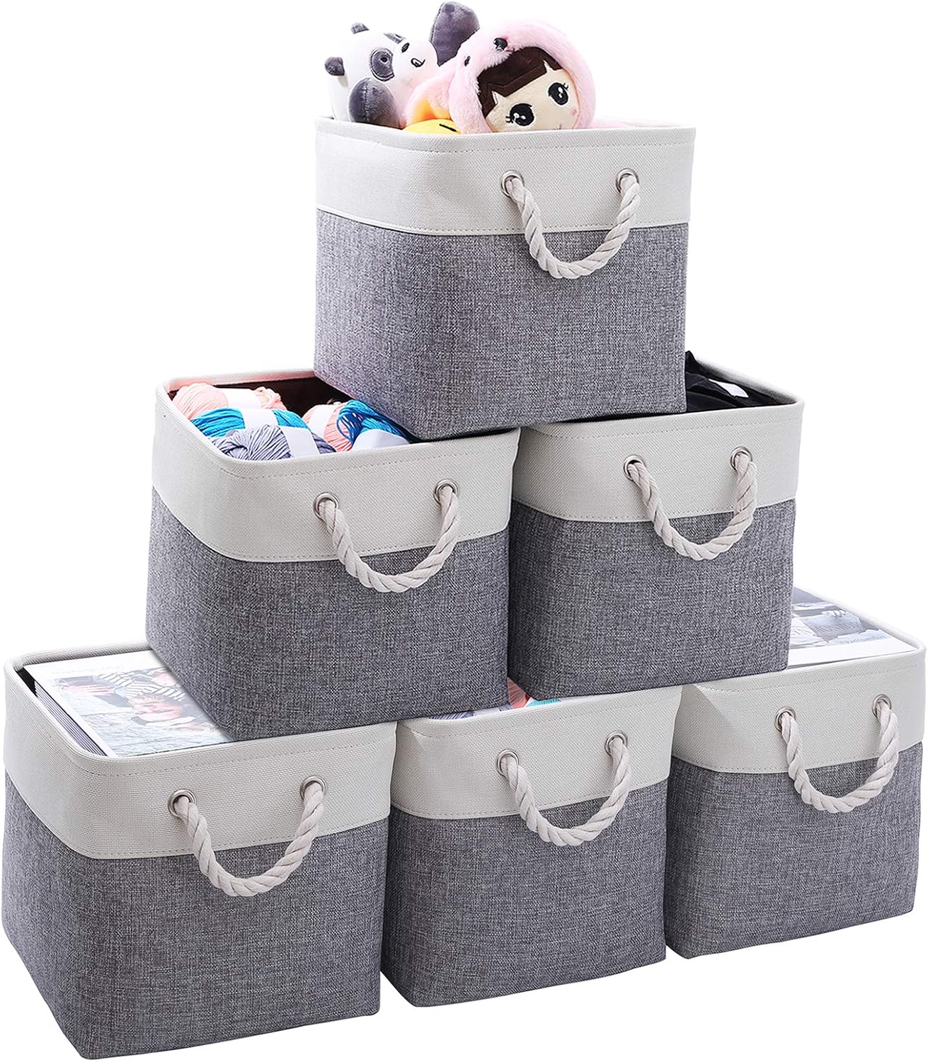 DDFUSM Large Foldable Storage Basket Set (6 Pack) 10.5 x 10.5 x 10.5 inch Linen Fabric Collapsible Organizer Bins with Cotton Handle for Home, Toys, Clothes, Closet Storage(Grey/Off White)