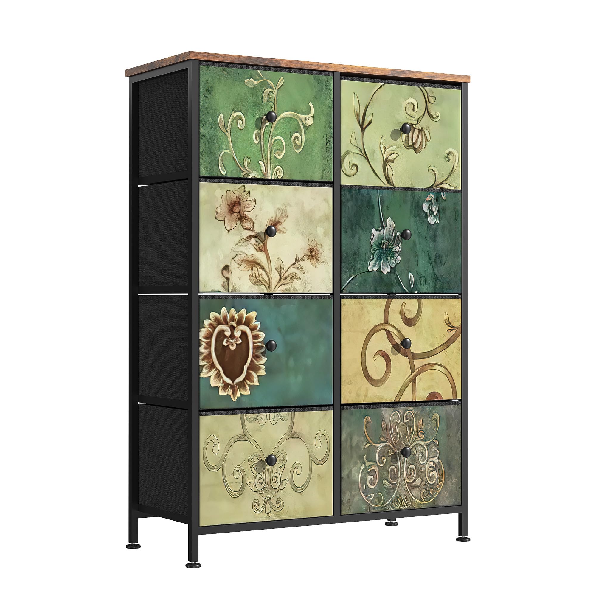Cómoda con 8 Cajones de Tela,Cómoda para Dormitorio,Unidad de Almacenamiento,Armario de Tocador Bohemio,Cajonera Industrial con Estructura Metálica,para Salón,Pasillo,Estilo Rústico