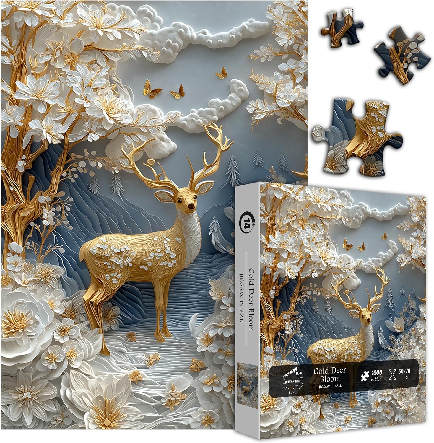 Golden Deer Puzzles for Adults 1000 Pieces, Nature Flower Bloom Animal Plant Theme Puzzle White Gold, Unique Floral Tree Landscape Jigsaw Puzzle Aesthetic, Paper Cut Art Puzzle Challenge for Adults