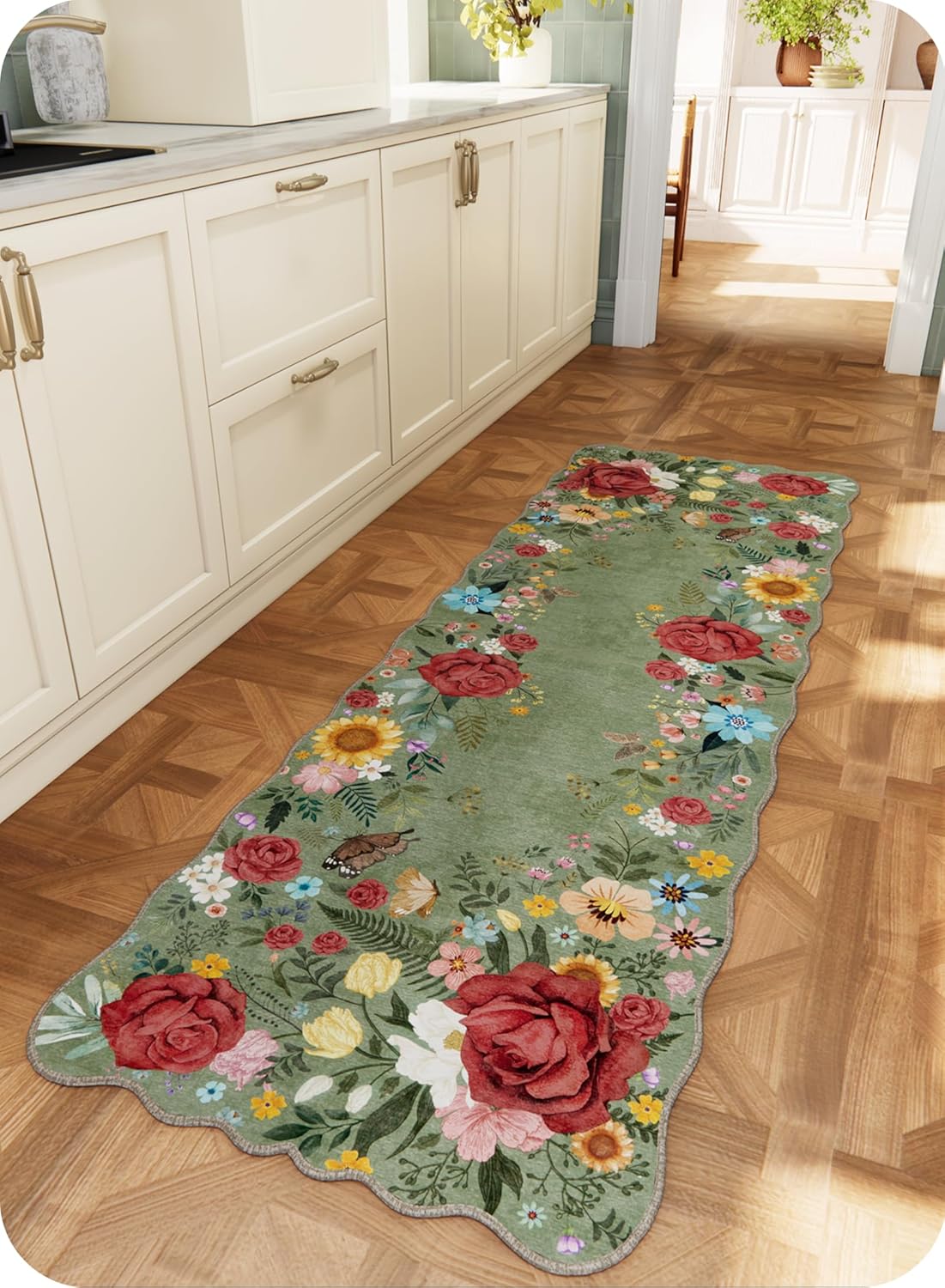 Kitchen Rug Runners for Hallways: 2x6 Washable Runner Rugs for Kitchen Ultra Thin Stain Resistant Non Slip Low Pile Lightweight Vintage Floral Carpet for Laundry Room, Bedside Decor (Green)