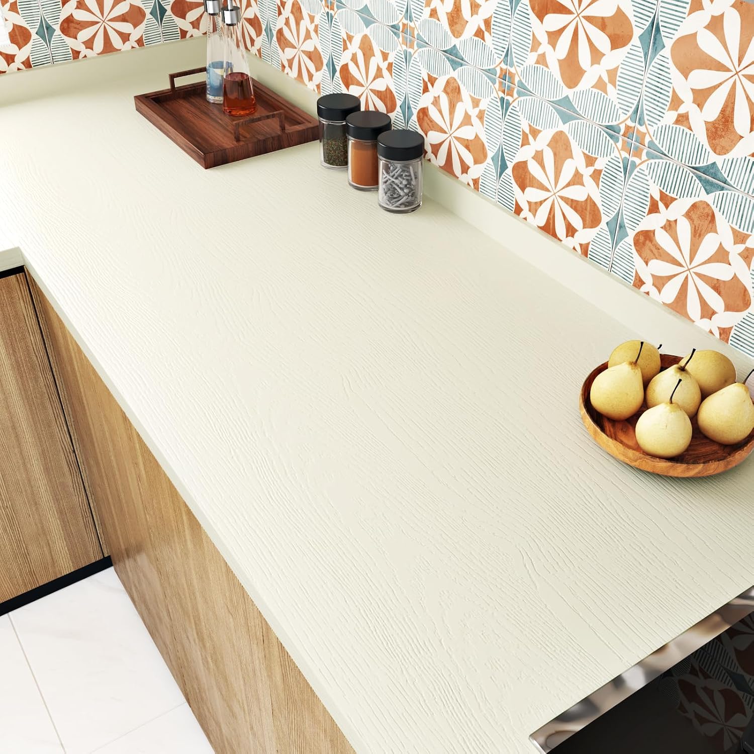 WESTICK Cream White Wood Contact Paper Self Adhesive White Wood Grain Wallpaper Peel and Stick Countertops Waterproof Beige Wooden Vinyl Wrap for Kitchen Island Tables Cabinets Drawers 15.8" x 80"