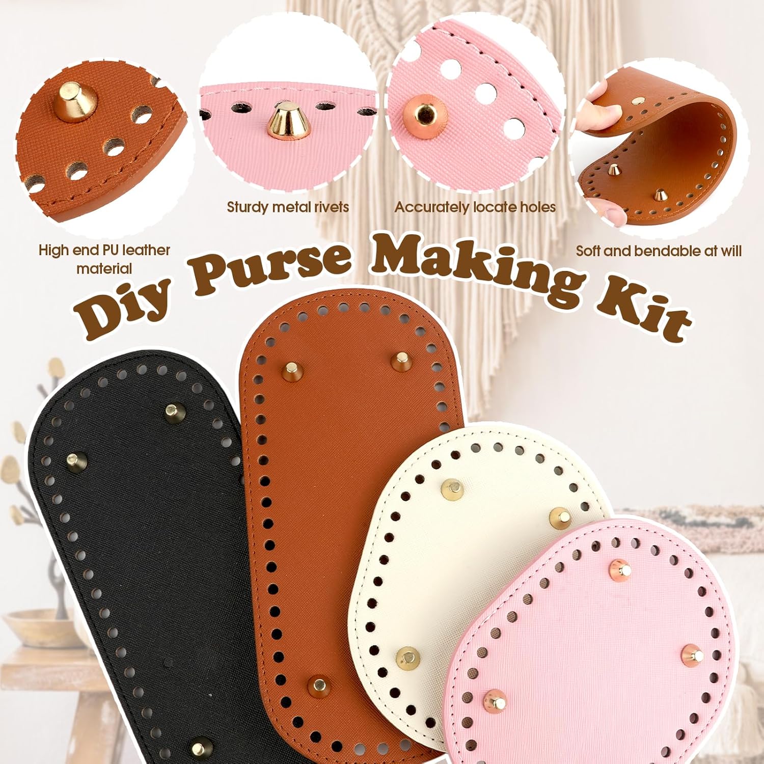 LPZNUYVC 14-Piece Crochet Purse Kit with Pre-Punched Leather Bag Bases and D-Shape Handles, Complete DIY Handbag Making Supplies, Shoulder Bag Craft Set for Beginners, Multicolor - Image 2