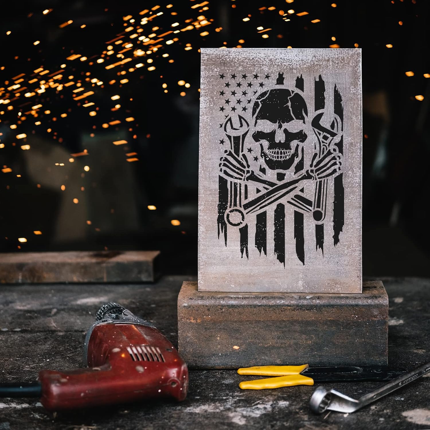 Skull Mechanic American Flag Stencil - Craft Stencil, Mechanic, Painting Stencil, Reusable Stencil, USA Flag