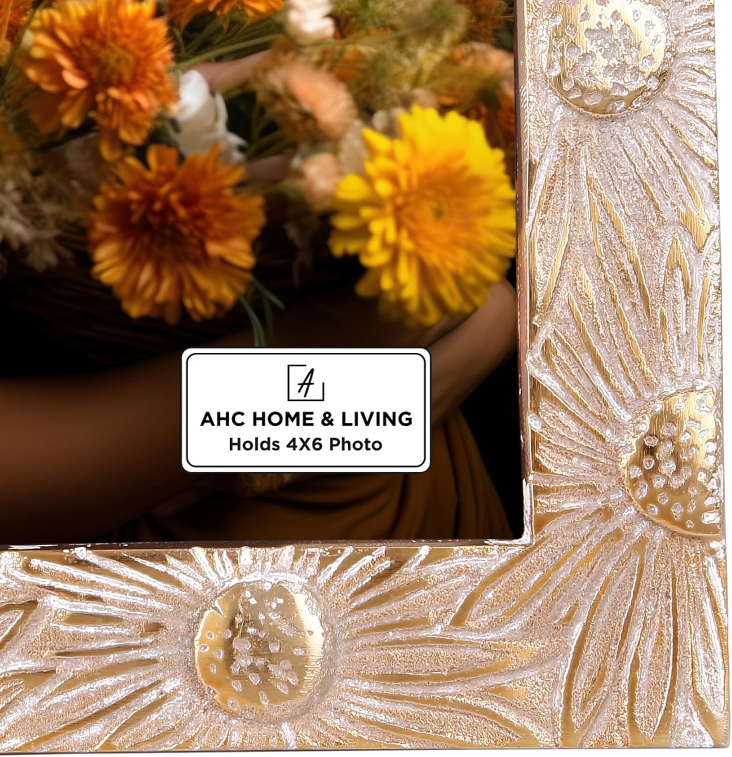 AHC HOME & LIVING 4x6 Antique Wite Gold Picture Frame - Sunflower Metals Frame, Elegant Floral Design for Tabletop & Wall Display (Vertical/Horizontal) - Fits 4x6 Photos