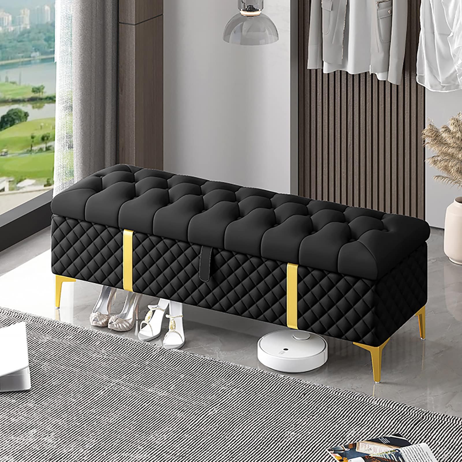 Banc rembourré en cuir avec rangement ottoman et coffre de chambre élégant