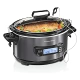 Hamilton Beach Portable 6 Quart Set & Forget Programmable Slow Cooker | Temperature Probe | Lid Lock For Easy Travel | Dishwasher Safe Crock & Glass Lid | Black Stainless Steel | 33866 Temp Tracker, Black Stainless
