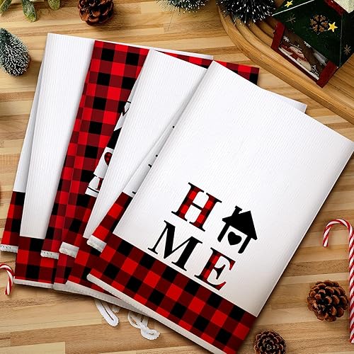 Miniatura 6 de Honoson 4 toallas de cocina de Navidad a cuadros de búfalo, toalla de mano de secado de poliéster, paño de té para decoración del hogar, suministros