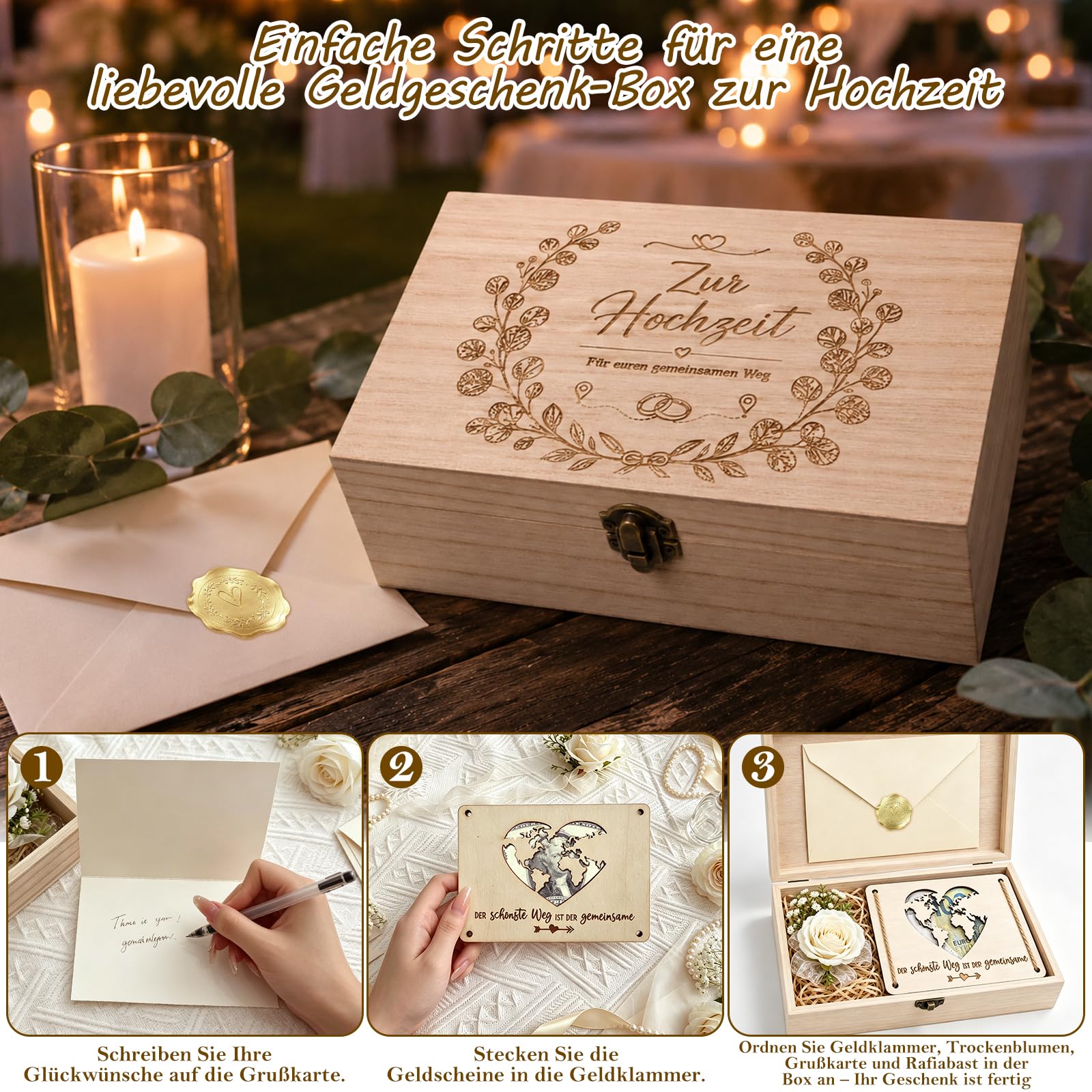 Caja de madera para regalo de boda, grande, regalo de boda para novios, caja de regalo con tarjeta, pinza para dinero y flores secas, para bodas para tu camino común