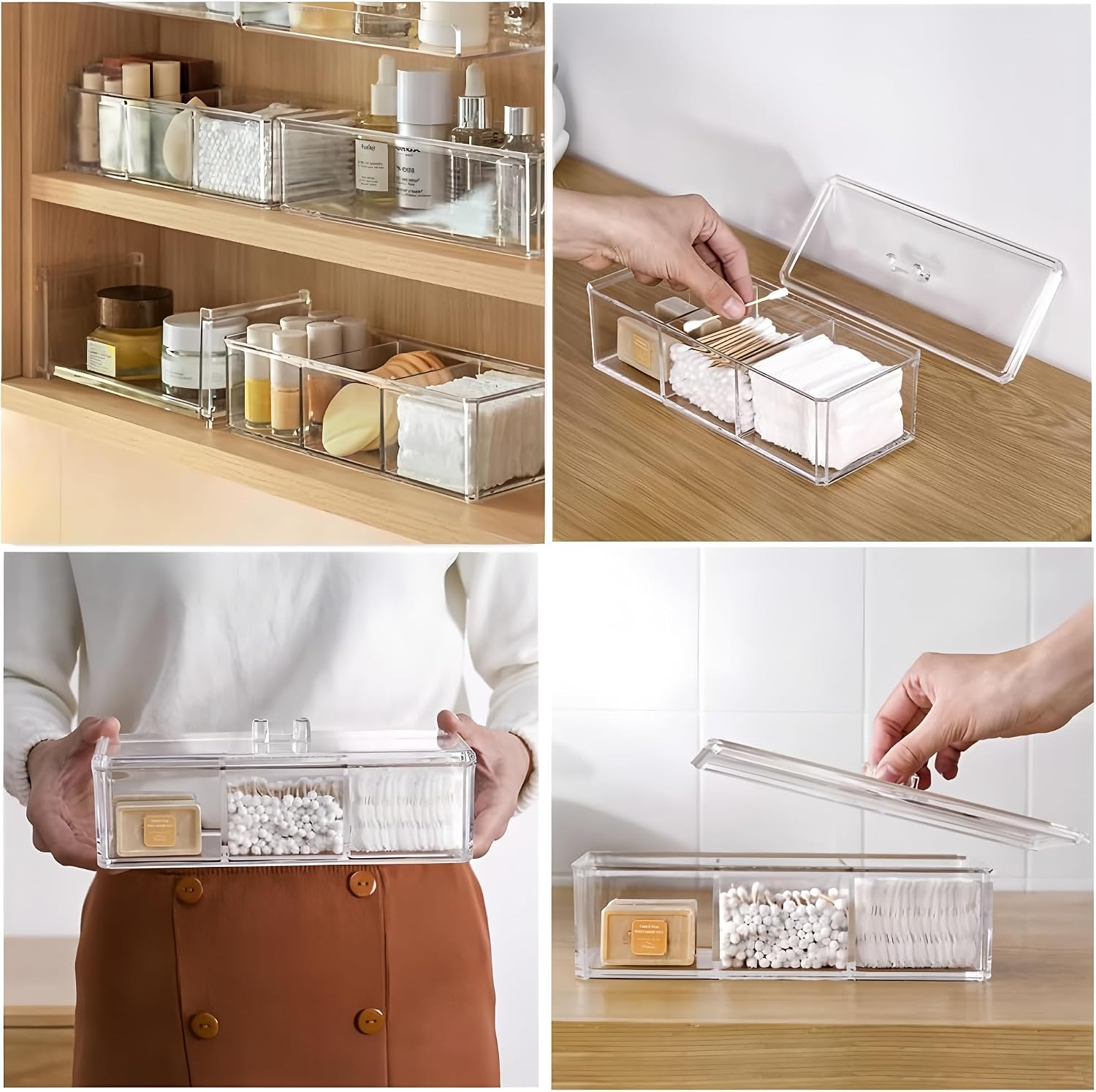 Qtip Holder Dispenser for Cotton Balls, Swabs, Pads, Floss Picks, 3 Compartments Clear Acrylic Container Box with Lid for Bathroom Canister Storage Organization, Vanity Makeup Organizer (#A)