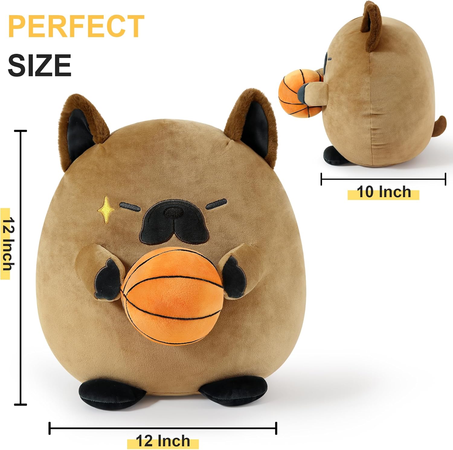 Onsoyours Original French Bulldog Plush with Basketball, Cute 12 inch Sport Dog Dark Brown Stuffed Animal, Ultra Soft Collectible Hugging Gift Puppy Plush Toy