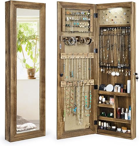 SRIWATANA Armario de joyería organizador de joyas de madera maciza con espejo de longitud completa montado en paredpuerta negro carbonizado Negro