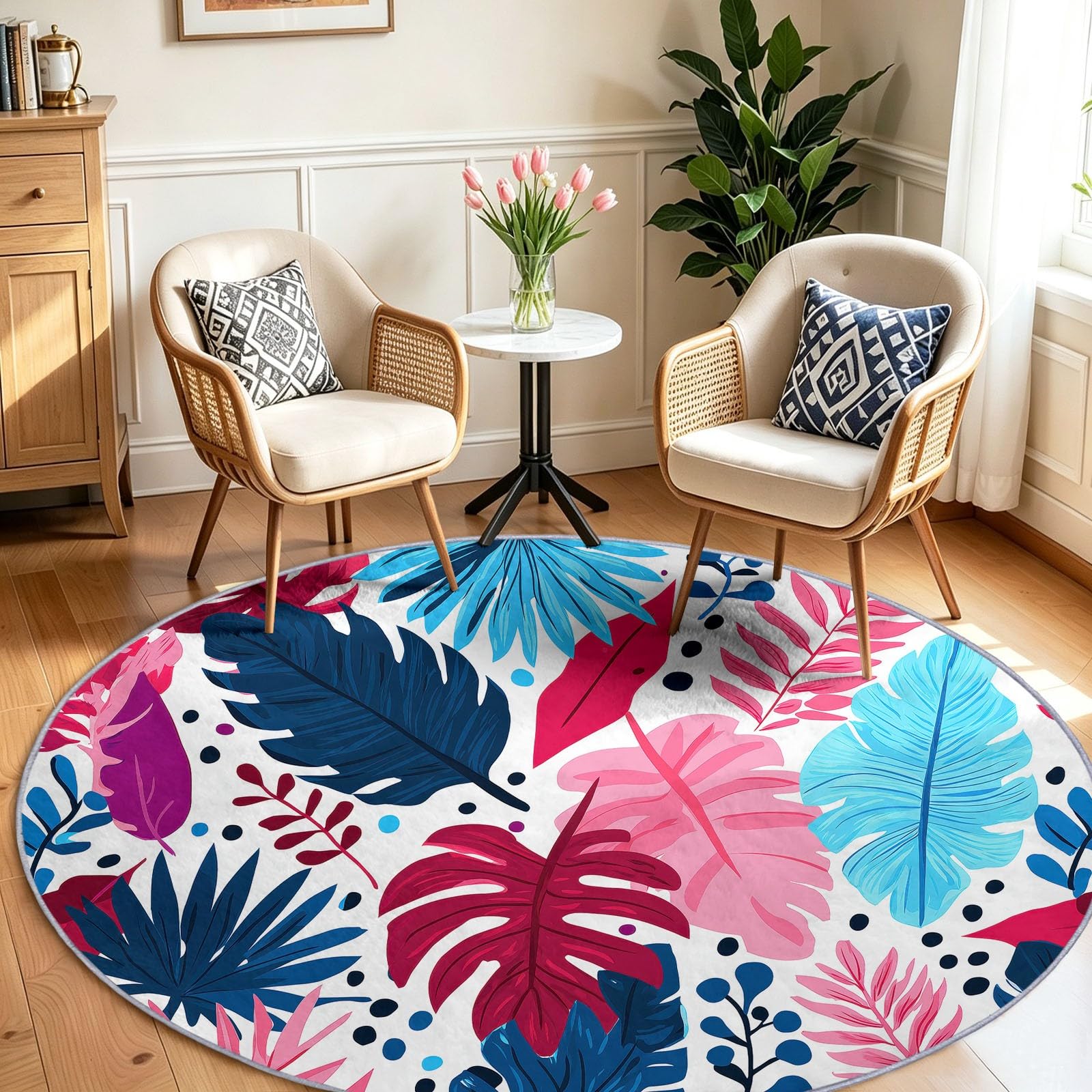 Tappeto rotondo lavabile, 90 cm, stile retrò, bohémien, morbido, con stampa a pois tropicali, a pelo corto, antiscivolo, per ingresso, soggiorno, camera da letto, accanto al divano e all'ufficio