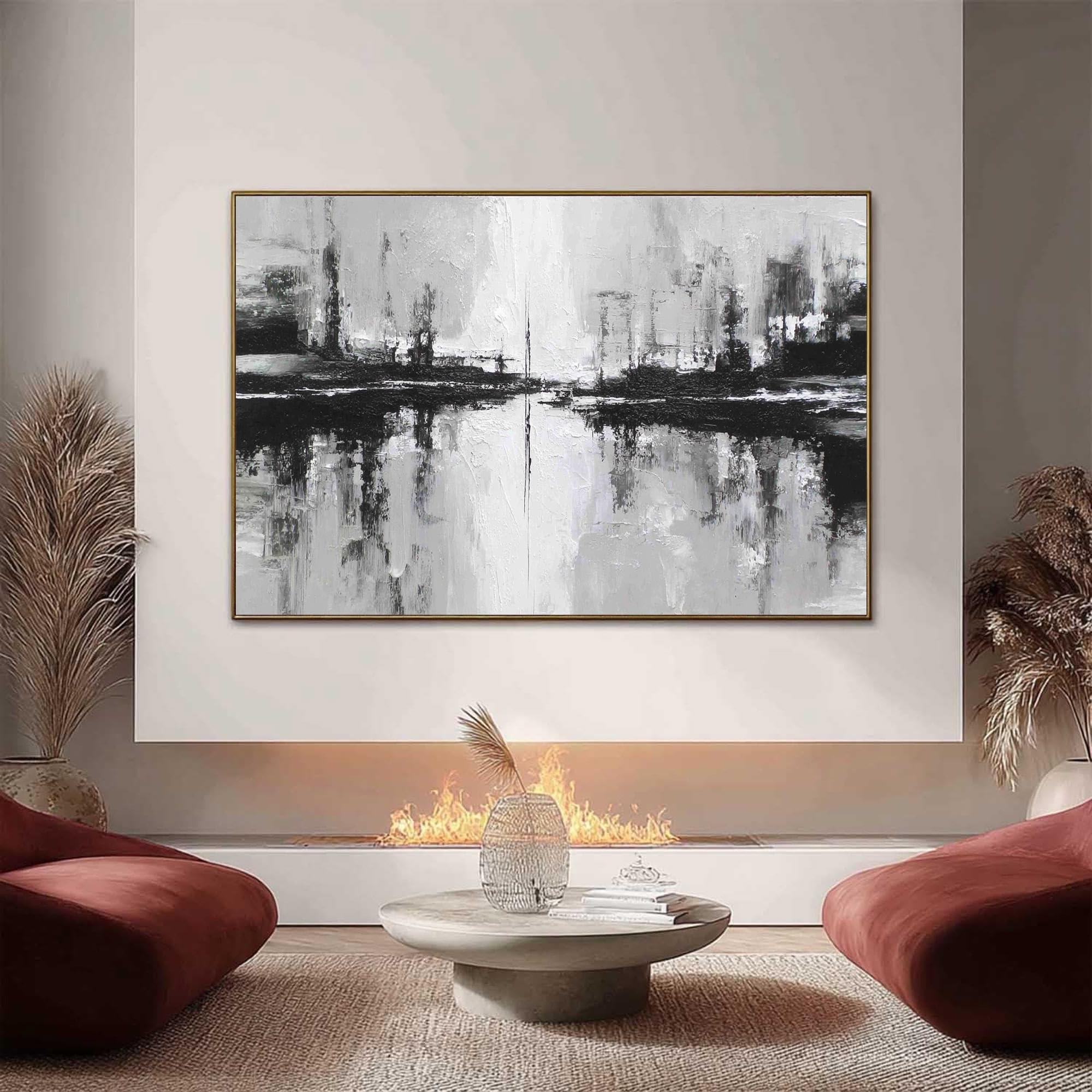 UUDEZO Czarno-białe obrazy na płótnie ze strukturą, abstrakcyjne obrazy olejne jako dekoracja ścienna (55 x 110 cm)