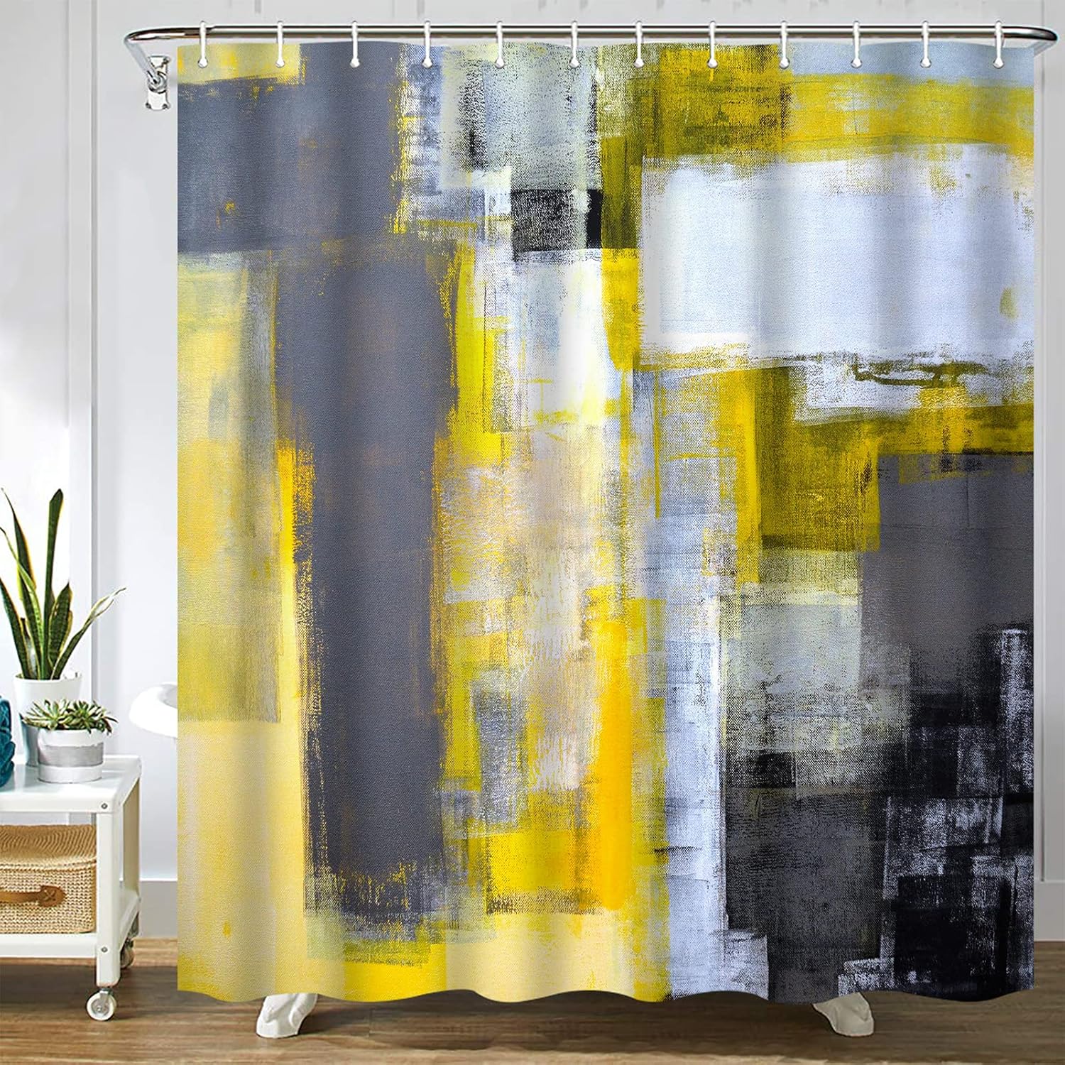 Abaysto Yellow and Grey Shower Curtain Abstract Art