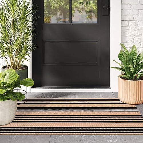 Vista 22 de Alfombra de exterior a rayas blancas y negras, 2 x 3 pies, de algodón, moderna, tejida a mano, reversible, para porche, puerta de bienvenida, 1 tira