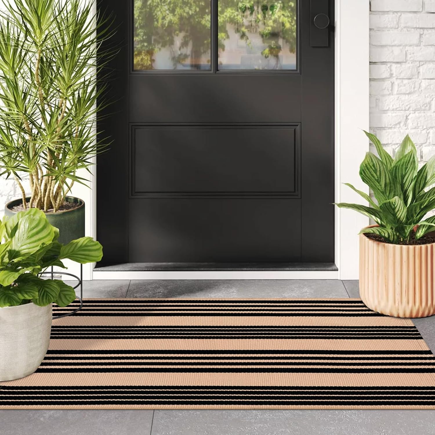 Black and Tan Striped Outdoor Rug 2 x 4 3 Cotton Hand-Woven Reversible Front Porch Rug Washable Front