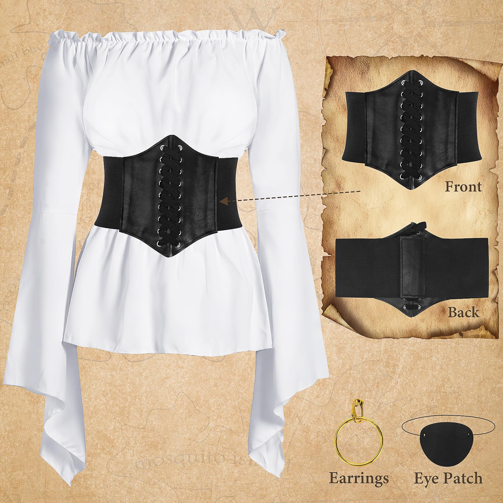 Pirate Costume For Women With Accessories Renaissance Blouse Top Belt Headscarf Full Outfits Halloween Costume Carnival Fancy Dress for Adults Women Halloween Ball (White - Image 4
