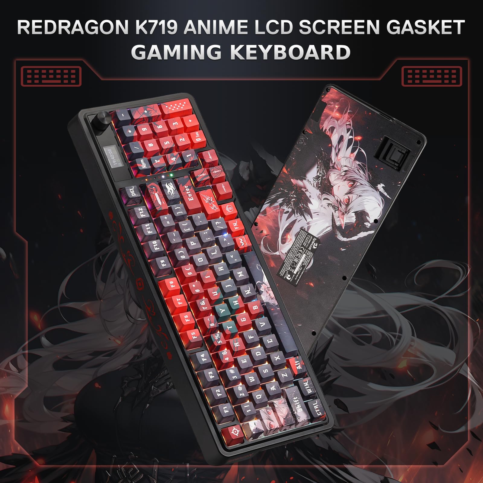 Redragon K719 PRO Gasket Tastiera da Gioco, 95 Tasti Meccanica, Display TFT 1,14", Riduzione del Rumore a 5 Strati, US Layout