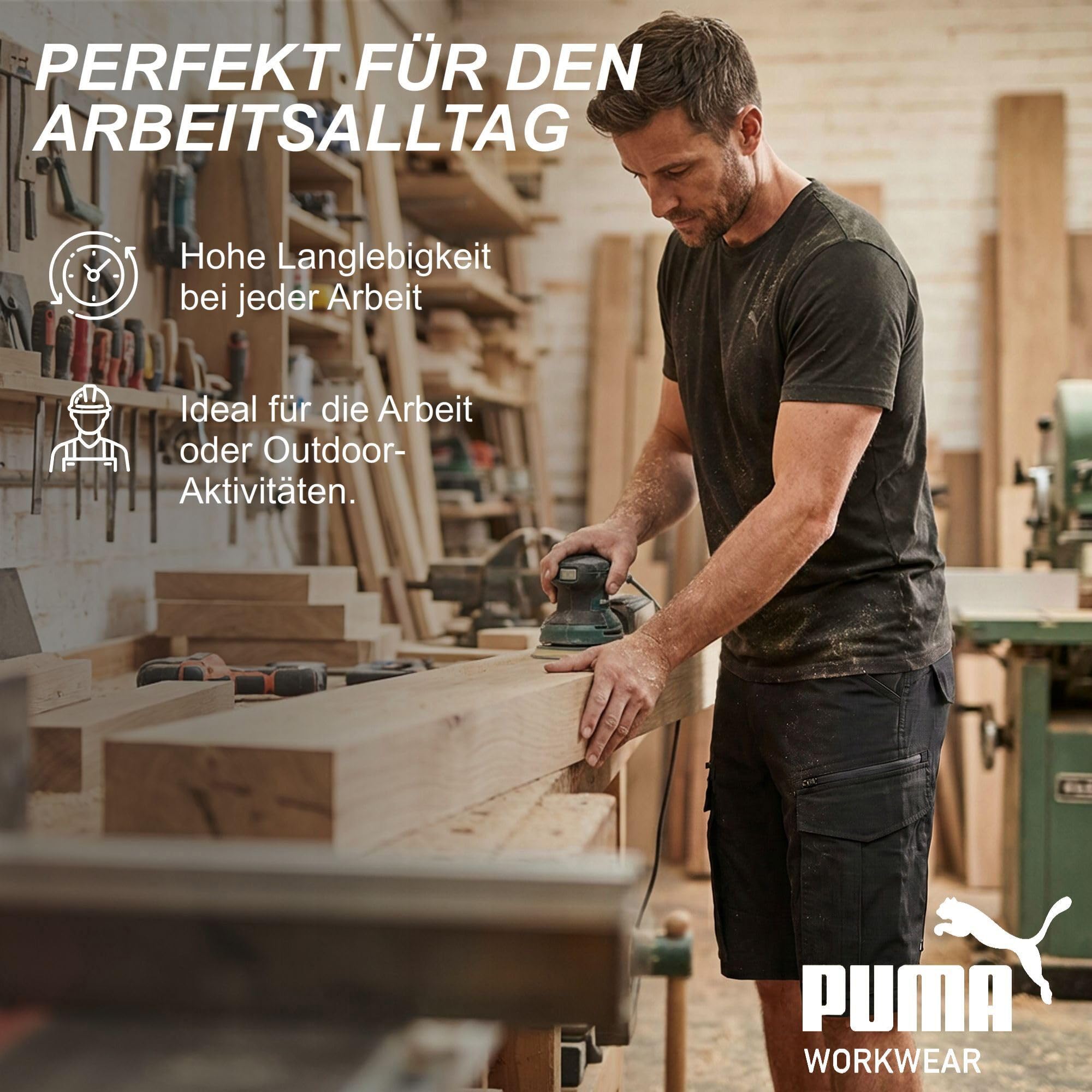 PUMA Workwear krótkie spodenki robocze męskie – wytrzymałe szorty ze stretchem i tkaniną Ripstop – gumka w pasie – podwyższona część tylna – szlufka na ramię – pokrowiec na telefon komórkowy
