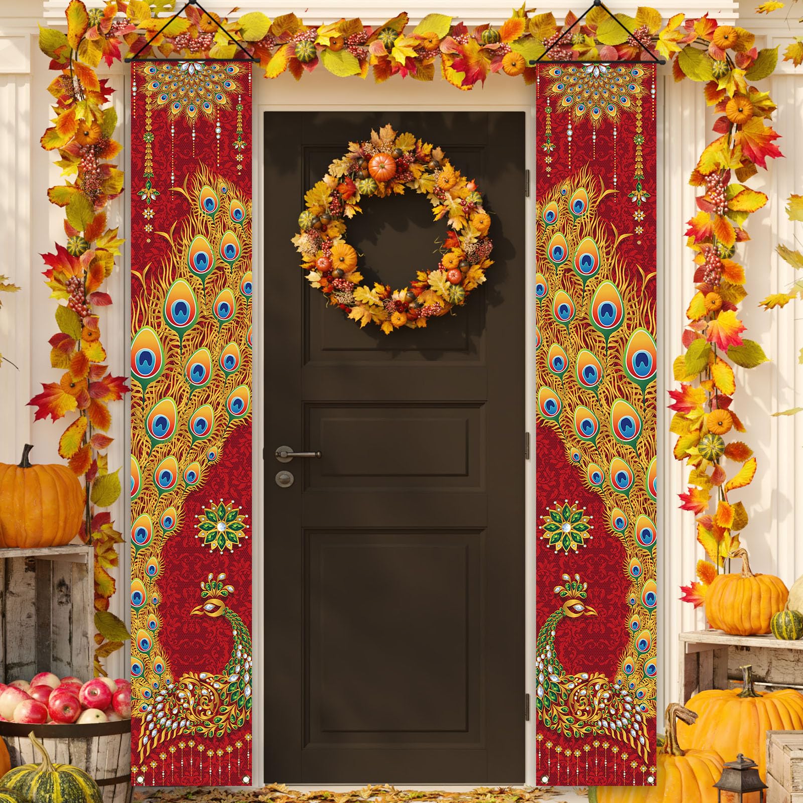 Diwali Decorations Set - 3PCS Happy Diwali Banner & Door Cover, Peacock & Diya Design, Festival Of Lights Decor
