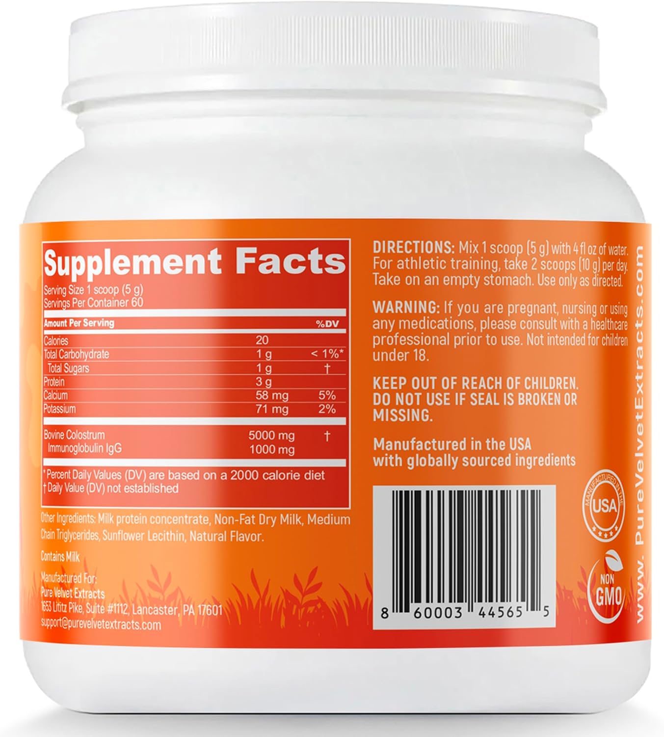 Pure Velvet Colostrum Powder for Gut Health, Bloating, Hair Growth, Immune Support, Bovine Cow Sourced Colostrum Protein, Lactoferrin Supplement, Contains Dairy with Immunoglobulins (IgG) (10 Ounce)