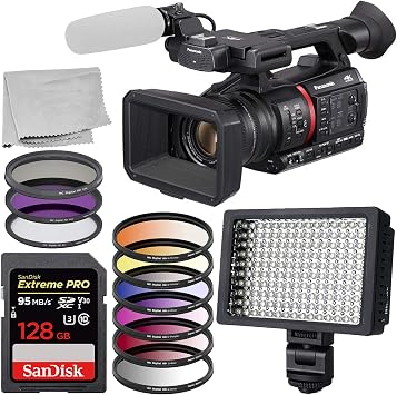 Panasonic AG-CX350 4K Camcorder Starter Bundle Includes SanDisk Extreme 128 Memory Card - 3 Piece Multi Coated HD Filter Kit 67mm - 6pc Graduated Color Filter Set 67mm and More