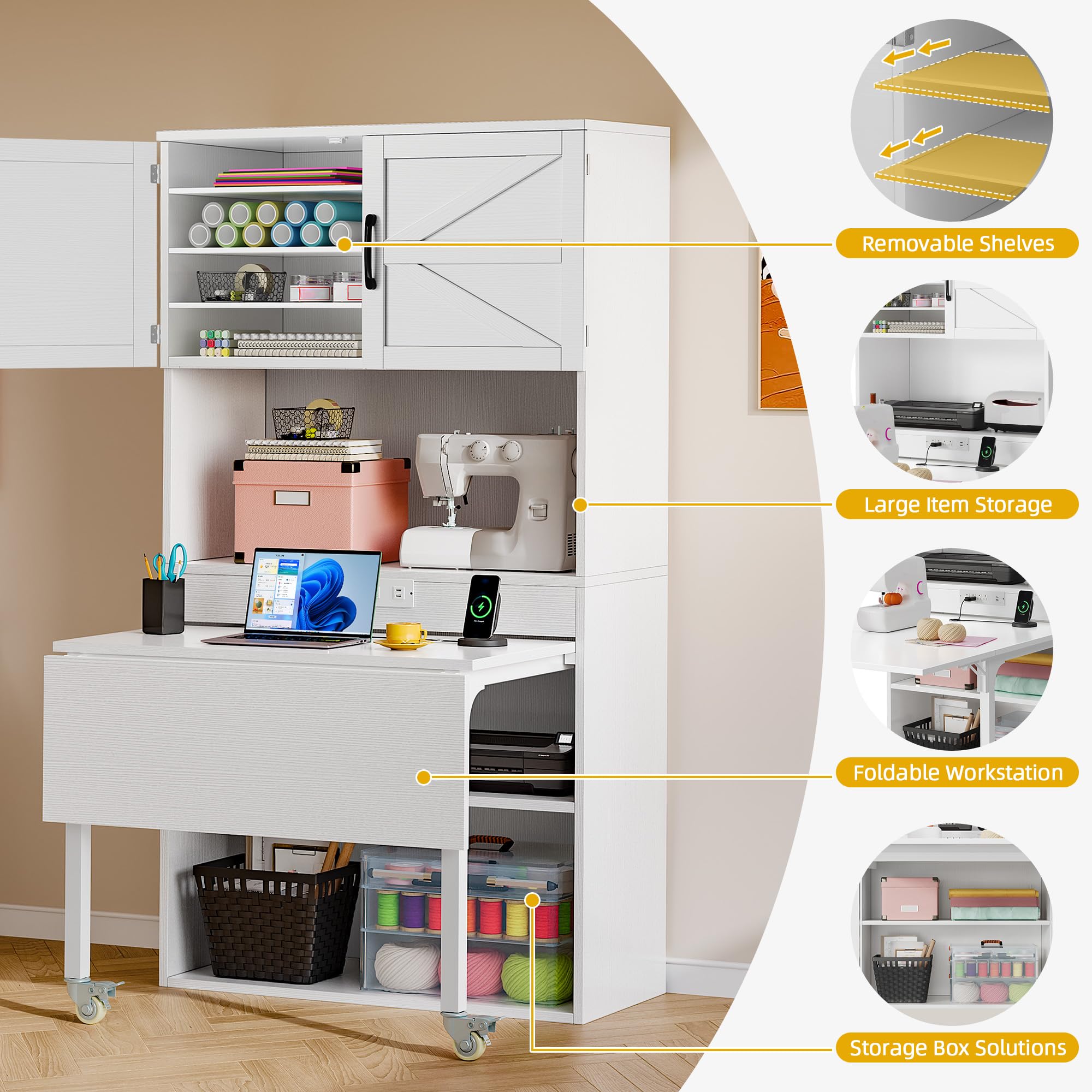 DWVO Sewing Craft Table with Storage, Craft Armoire with Fold-Out Table and USB Power Outlets, Large Capacity Sewing Cabinet with Expandable Desk, Adjustable Shelves for Home or Studio