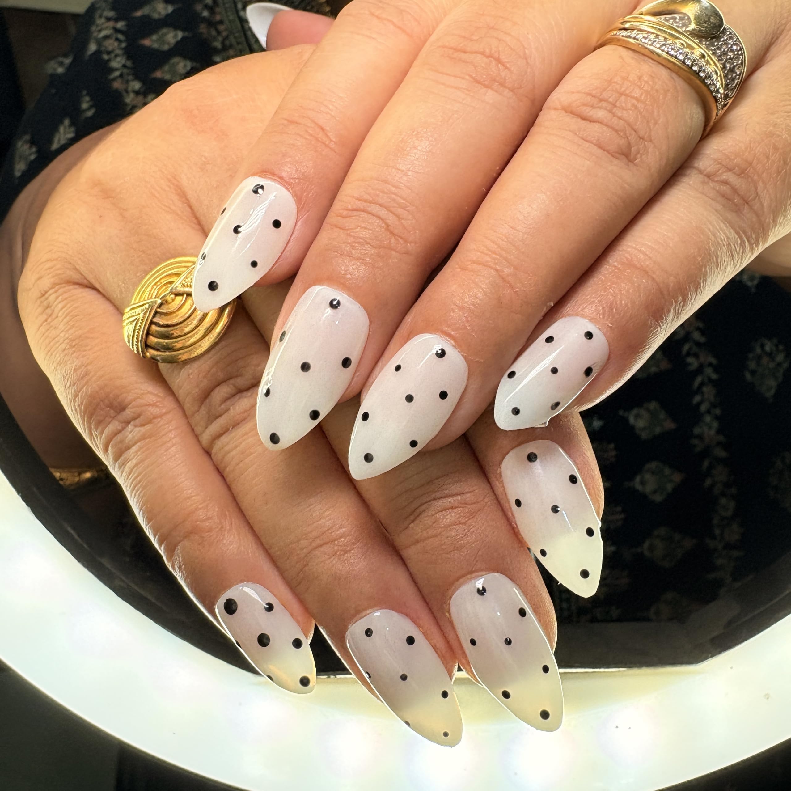 Artificial Nails Almond Shape with Black Polka Dots | Press-On Nails, Jelly Glue Included-image-44