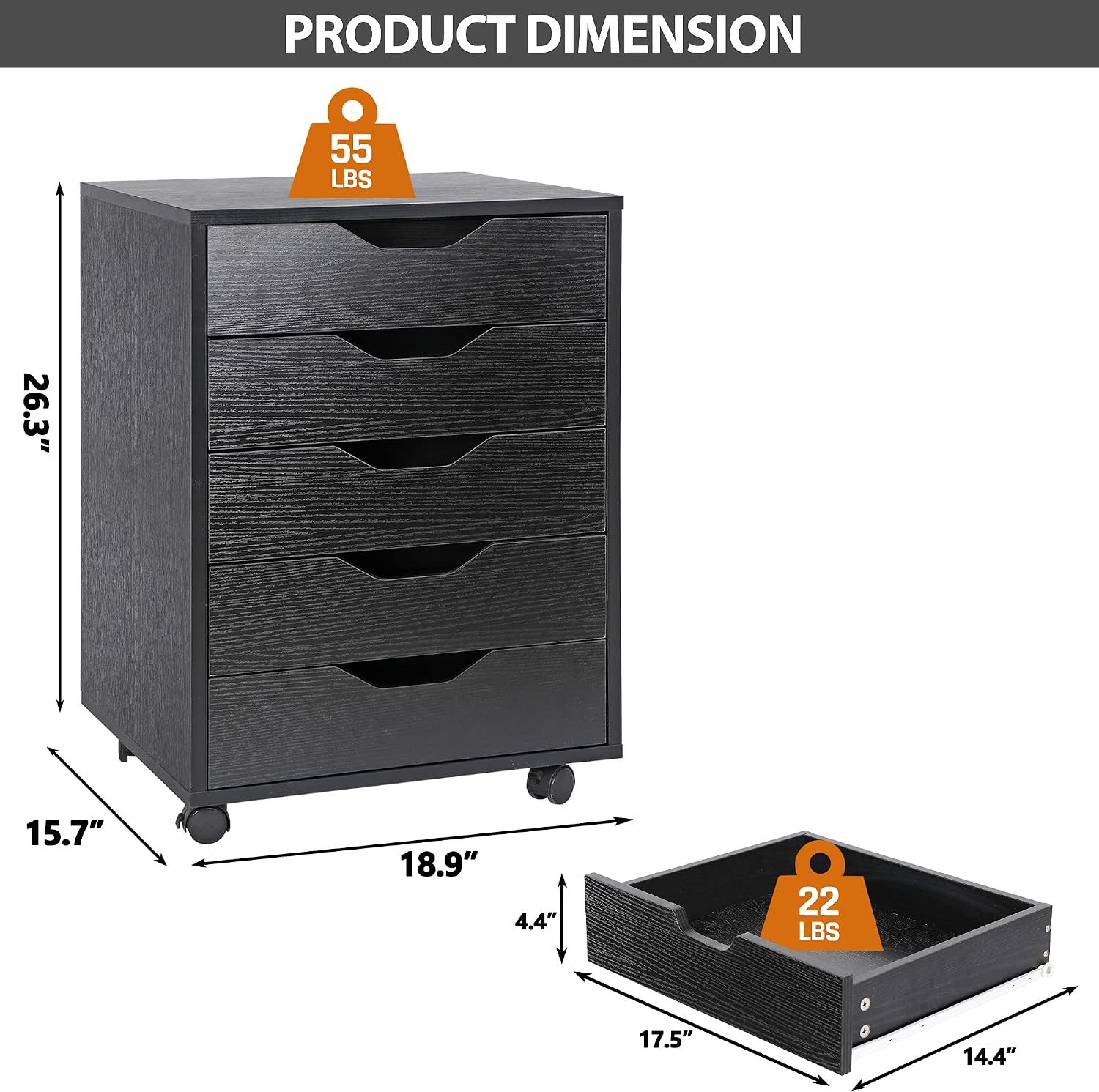 Product dimensions diagram for ZENY 5-Drawer Mobile File Cabinet