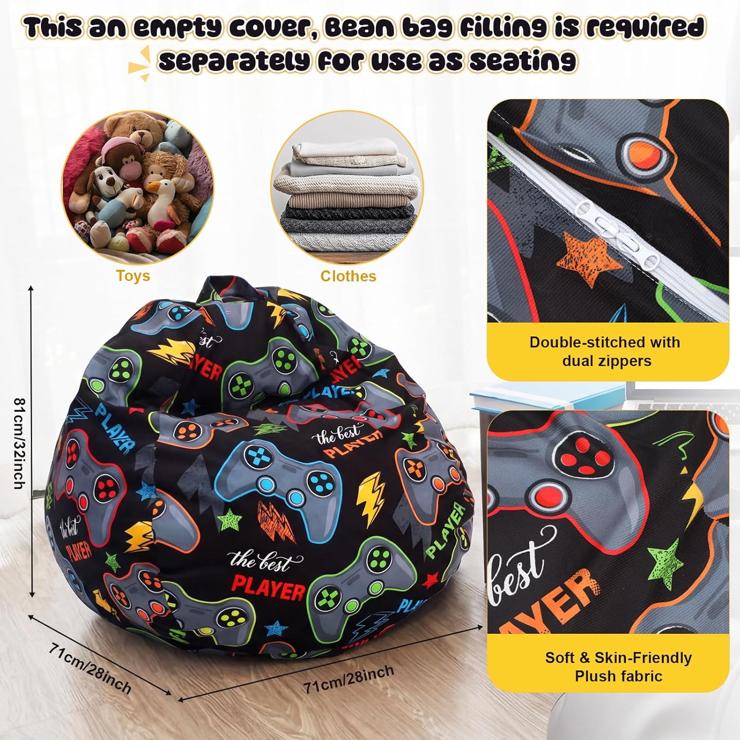 Novabright Stuffed Player Storage Bean Bag Chair Cover for Teens No Filling 2.3 Feet Plush Soft Bean Bag Game Themed Sofa Organizer with Double Stitched Zipper Washable Kids Room Decoration