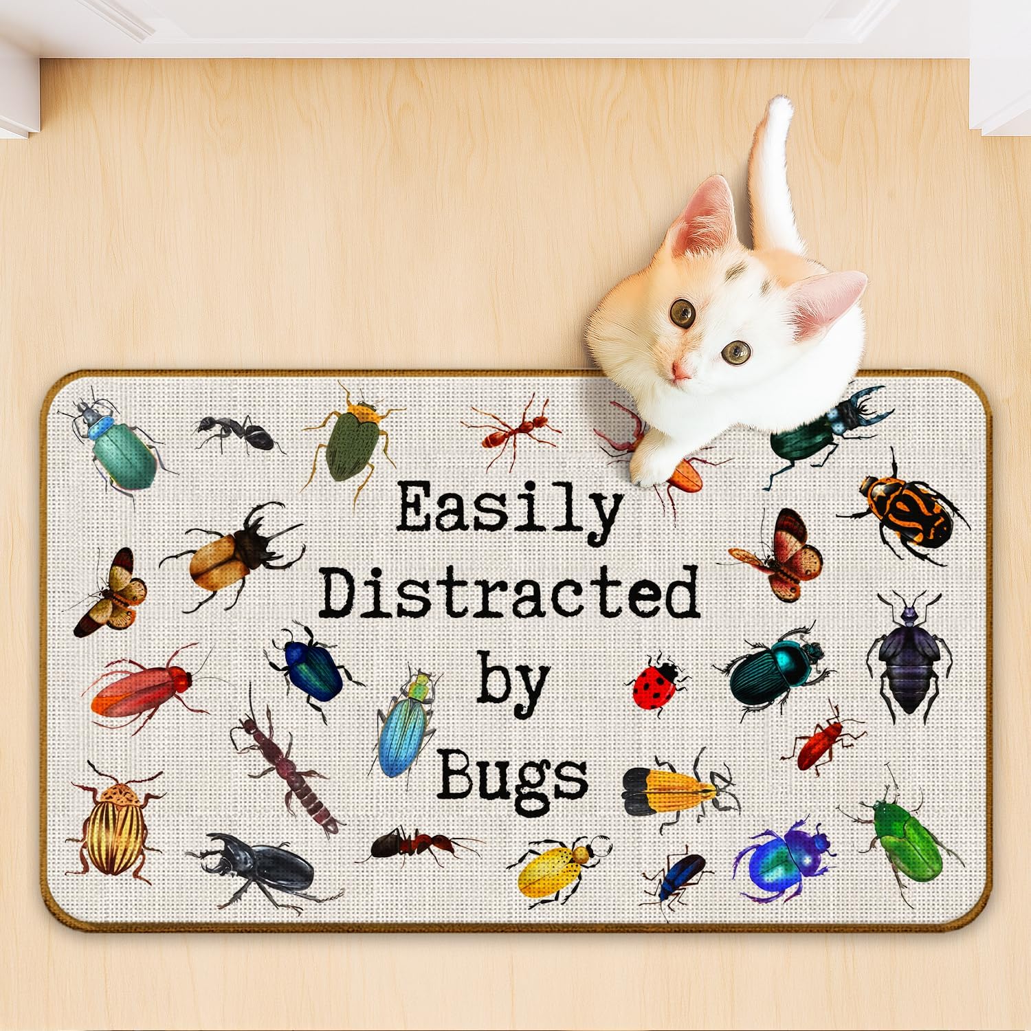 Funny Insect Doormat, Easily Distracted by Bugs Nature Door Mat for Inside Outside Entrance Porch, Entomology Bug Gifts Welcome Mats for Front Door, 17x30 Inches
