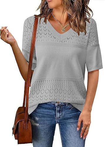 Zeagoo Womens Summer Sweater Casual Short Sleeve Pullover Tops V Neck Lightweight Shirts Ribbed Knit Dressy Blouse
