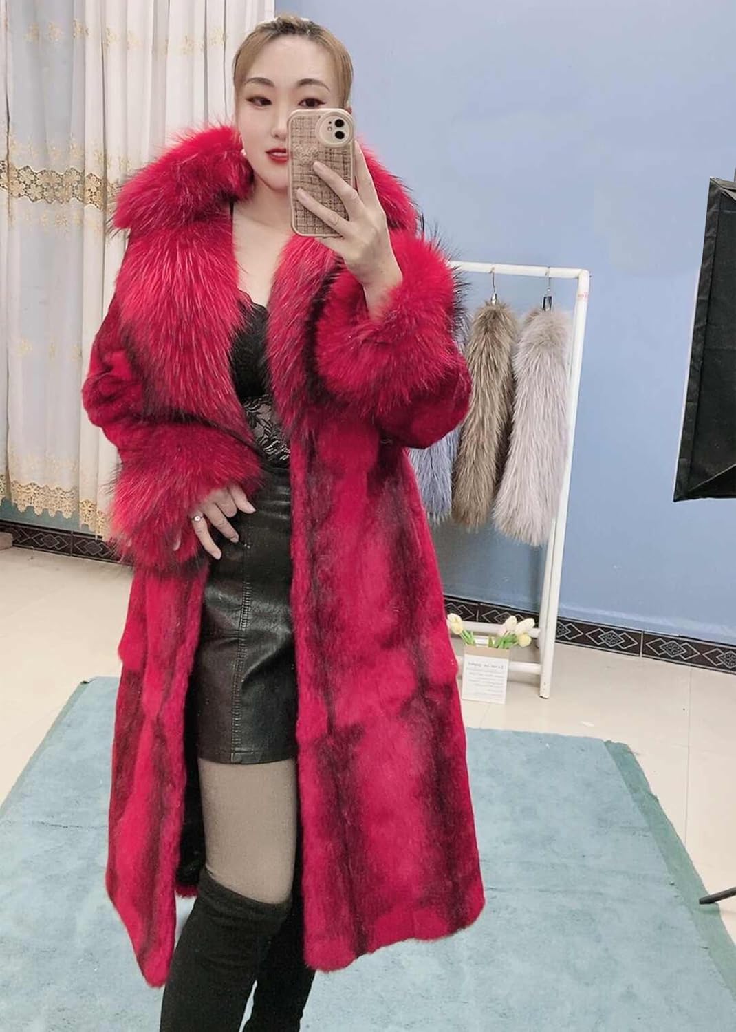 Women's Genuine Rabbit Fur Coat Long Winter Fur Jacket with Fox Fur Collar and Sleeve Cuffs