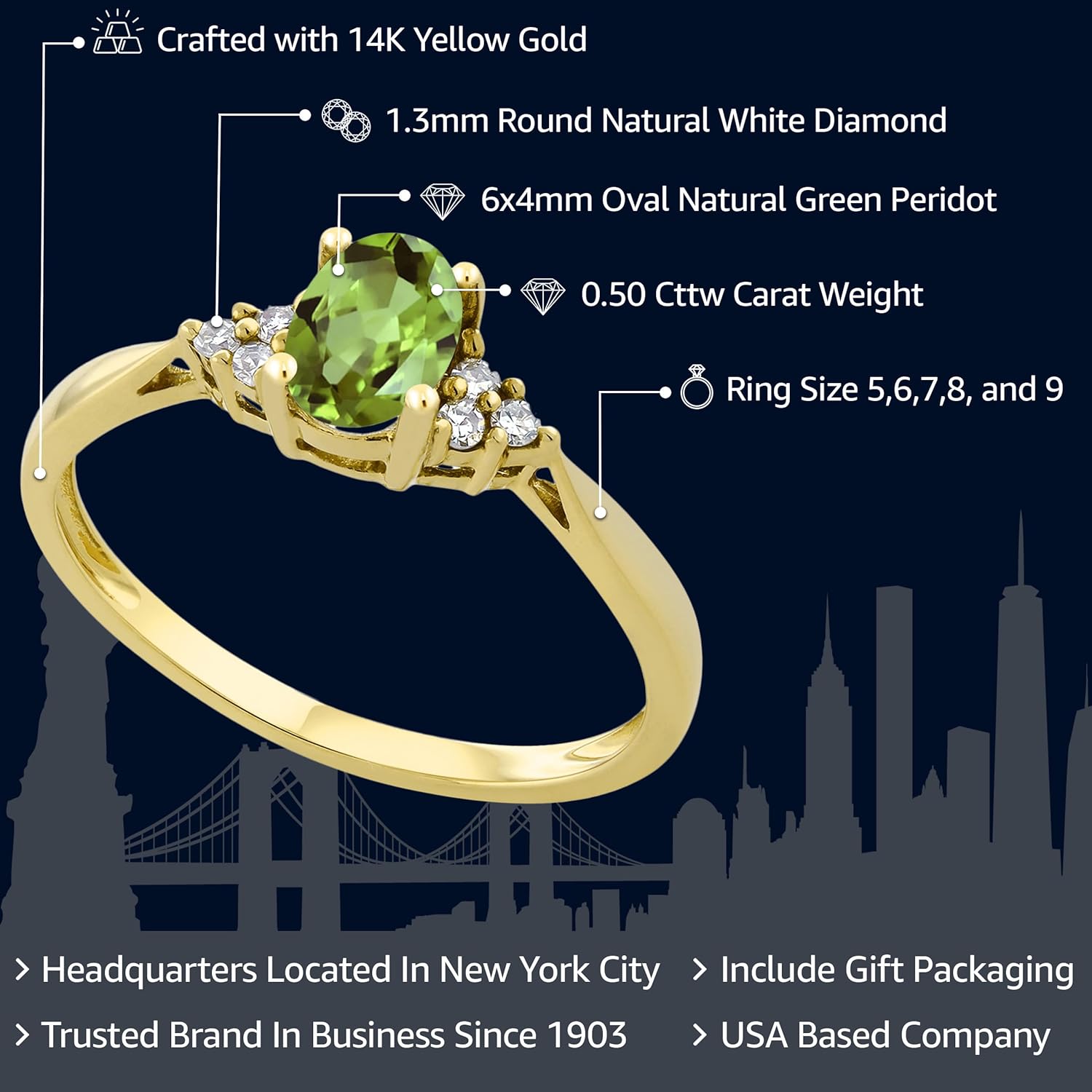 14K Yellow Gold Gemstone Birthstone and White Diamond Engagement Ring | Oval Shape 6X4MM | Wedding Anniversary Promise Gold Ring For Women | Available in Size 5, 6, 7, 8, 9 - Image 2