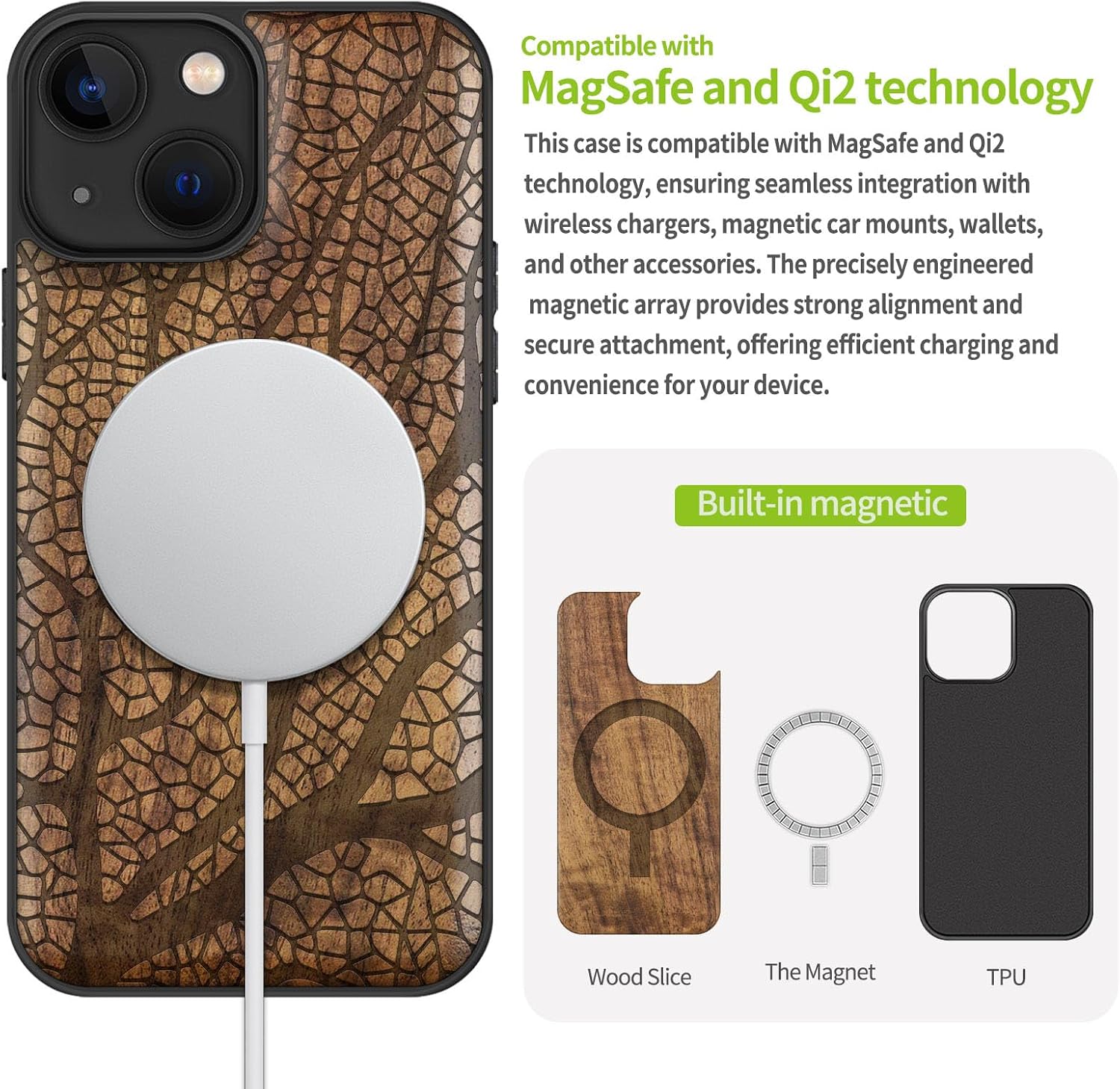 Carveit Magnetic Wood Case for iPhone 13 Mini Case [Hard Real Wood & Soft TPU] Unique & Classy Wooden Shockproof Hybrid Protective Cover Compatible with MagSafe (Nature's Intricate Web -Walnut)