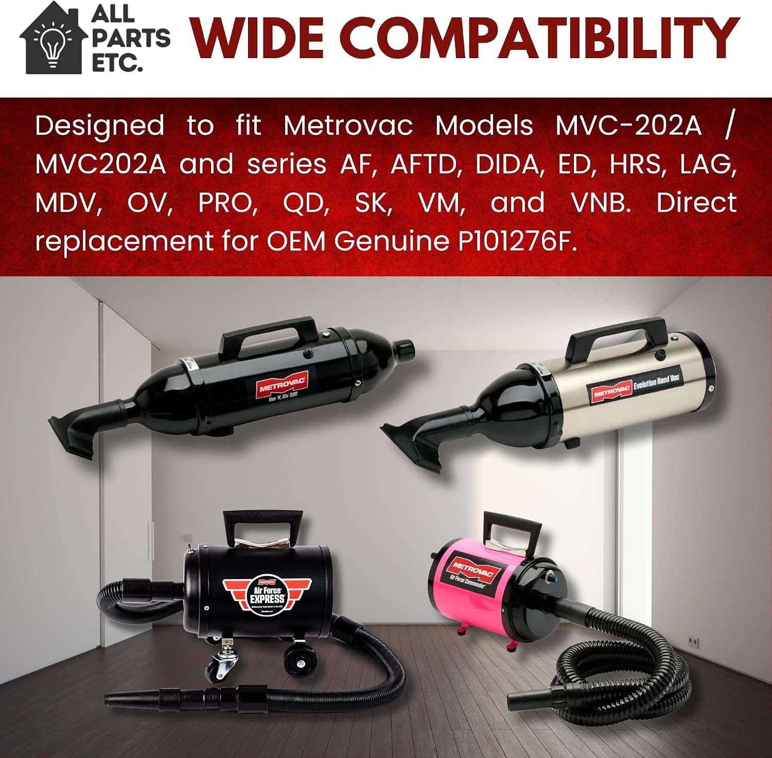 Vacuum Attachment Kit Compatible with Metrovac Models MVC-202A, AF, AFTD, and More – Replaces OEM P101276F – 10ft Hose Swivel Handle, Wands, Floor Brush, Crevice Tool, Upholstery, Dust Brush - 9pk
