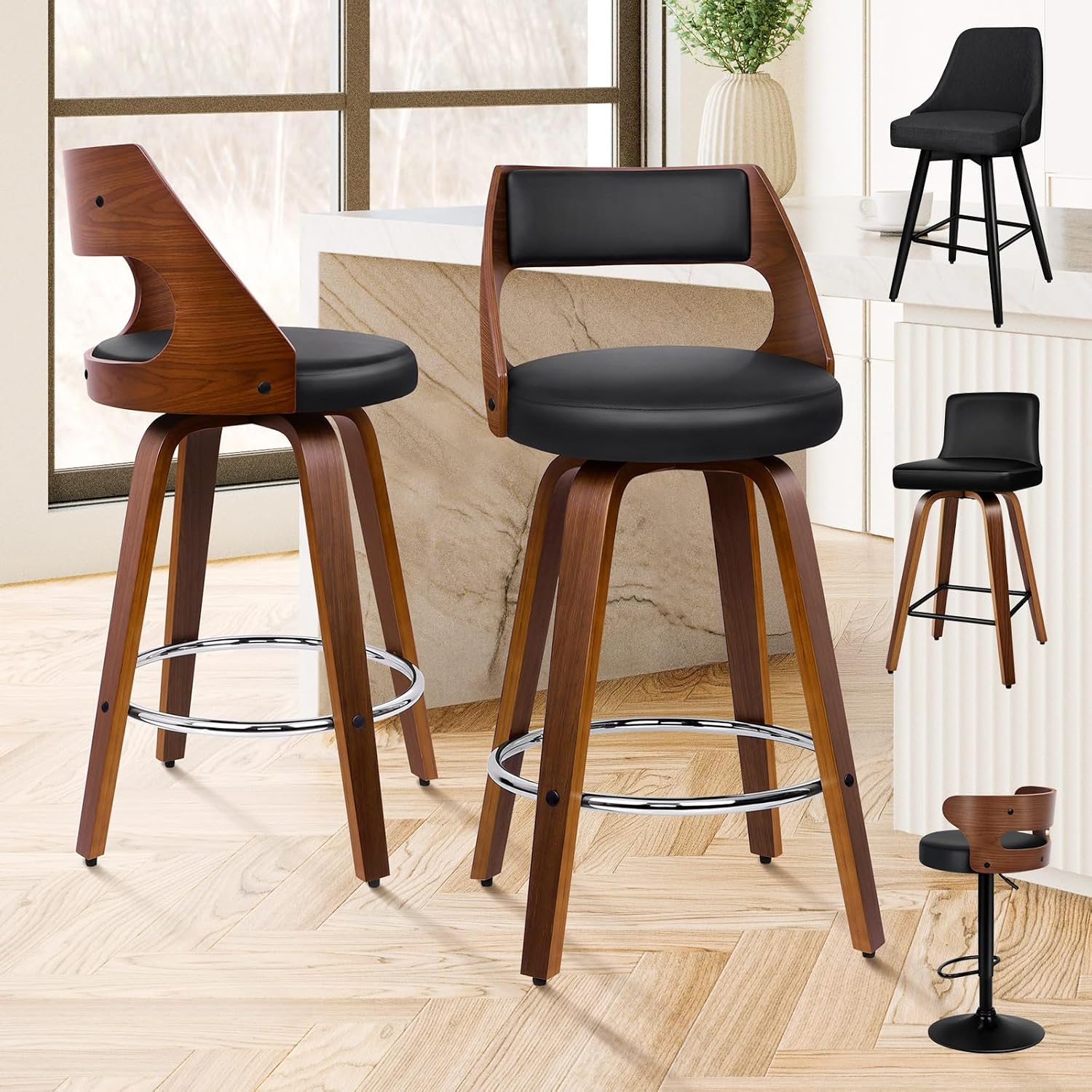 Black ALFORDSON bar stools with walnut bentwood legs and chrome footrest